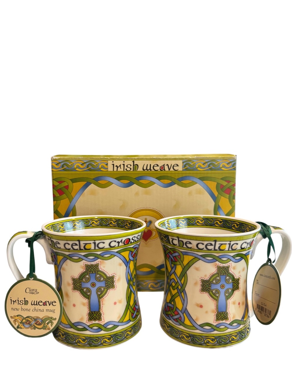 Celtic Cross Ceramic 2 Mug Set 8 oz bone china Irish Weave by Clara in box